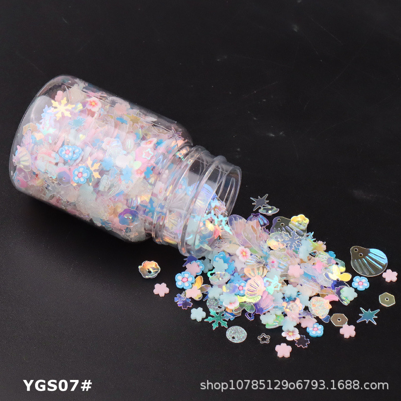 Internet celebridad efecto luminoso lentejuelas mixtas Concha mixta ciruela cóncava copo de nieve cuentas redondas DIY relleno Delgado