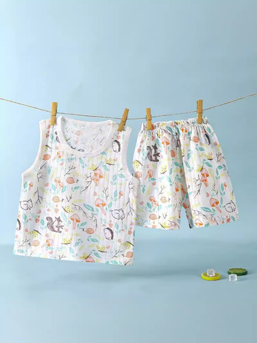 Children's summer jacquard cotton vest and shorts set new style sleeveless cartoon breathable children's clothing trend