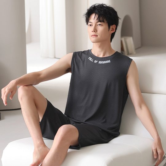 Ice Silk Thread Men's Pajamas Summer Thin Round Neck Vest Shorts Youth Casual Loose Explosive Home Clothes