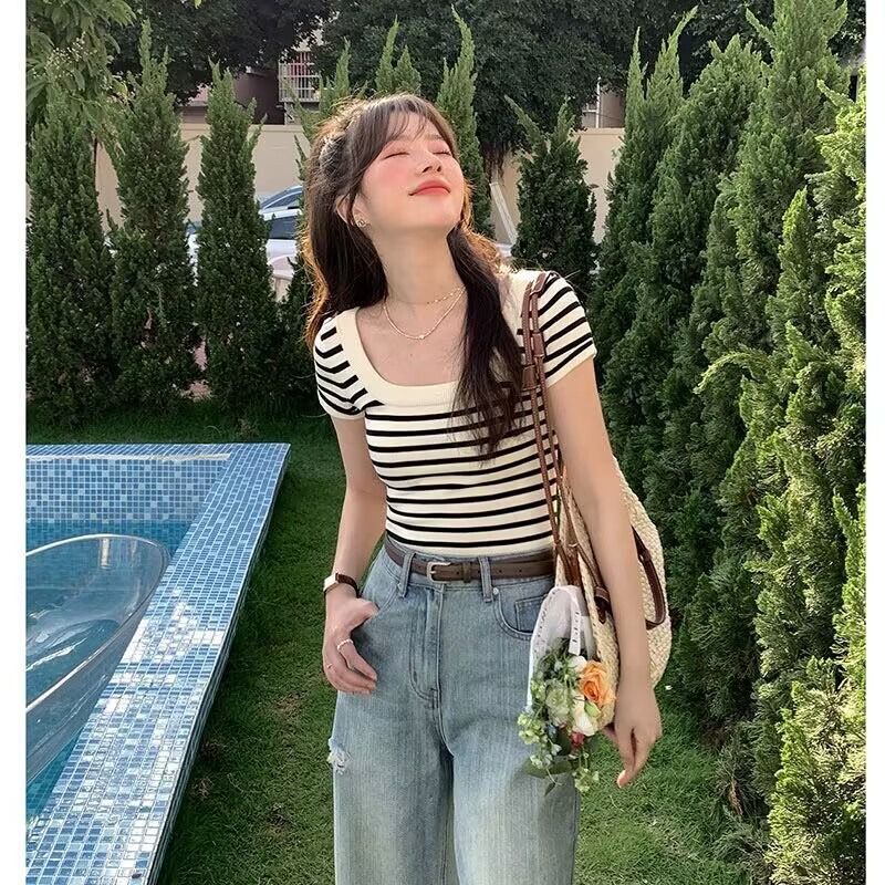 Square Neck Stripesd Ice Silk Knitted T-Shirt for Women Summer Thin Design Niche Chic Unique Short Right Shoulder Top Square Neck Stripesd Ice Silk Knitted T-Shirt for Women Summer Thin Design Niche Chic Unique Short Right Shoulder Top
