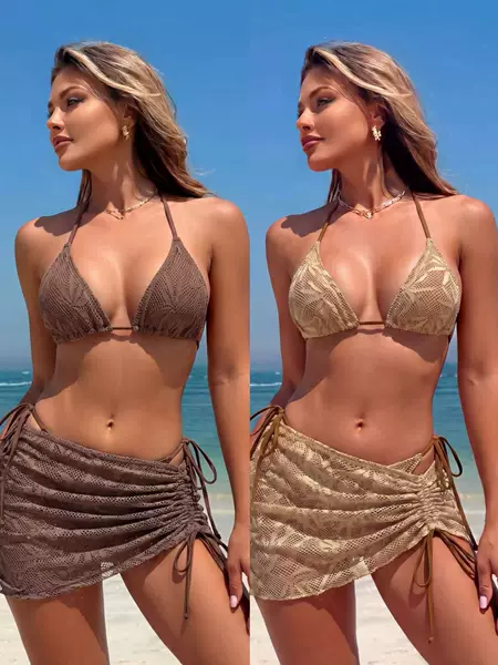 2026 European and American New Style Women's Three-Piece Bikini Halter Neck Aliexpress Vacation Beach Bikini Cross-Border Swimwear