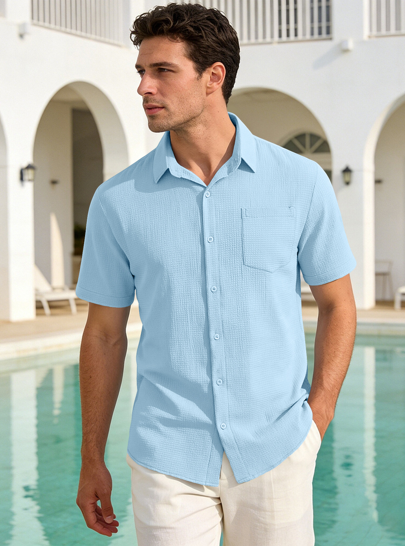 Herren Sommer Freizeithemd Einfarbig Mit Tasche Und Kragen_voghion.com