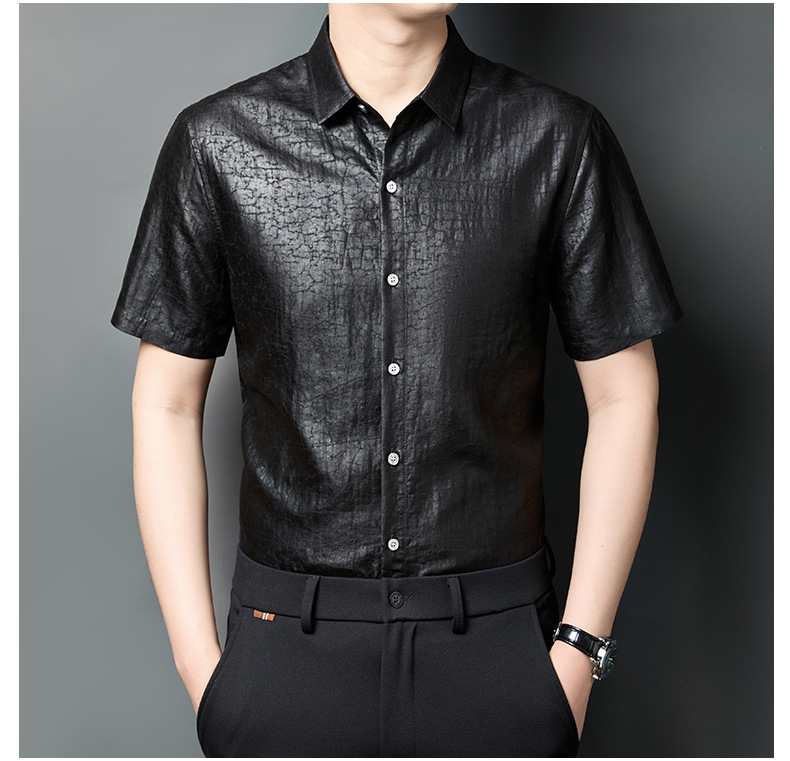 Áo sơ mi nam tay ngắn cổ bẻ chất lụa tơ tằm cao cấp họa tiết vân rùa — Đỏ HT5906 chi tiết 15