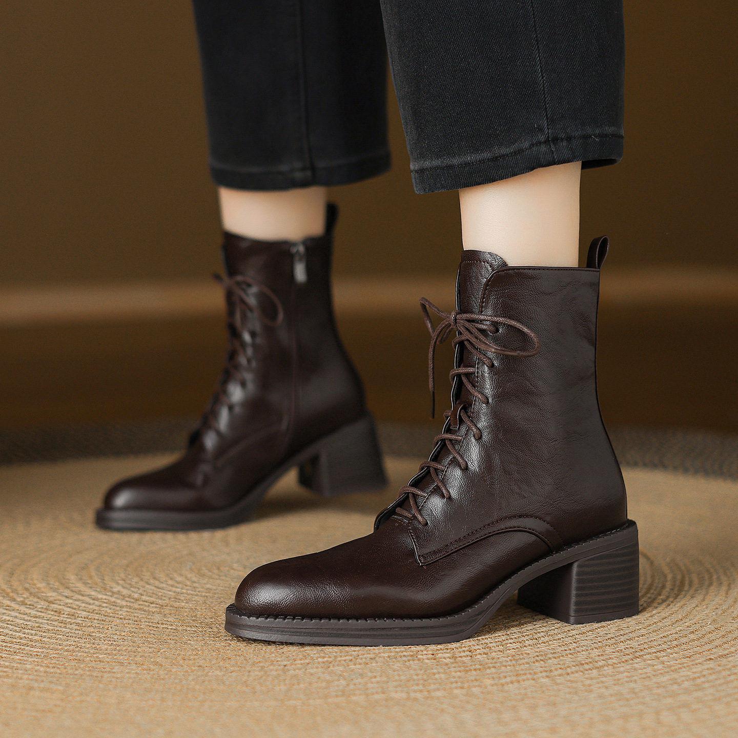 33--43 Large Size Boots Autumn and Winter New Style Boots Women's Thick Heel Lace-Up Short Boots Side Zipper High Heel Boots Export Cross-Border