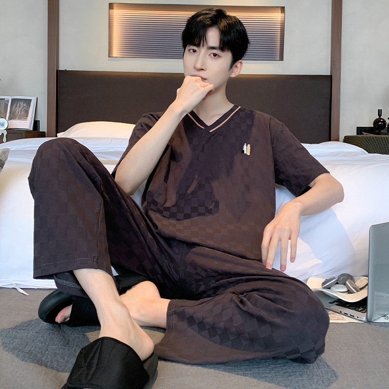 2024 new summer short-sleeved trousers Korean men's pajamas suit casual outerwear breathable cotton home wear