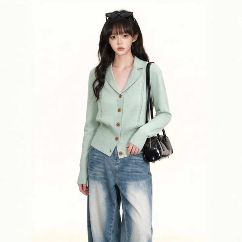 Green Suit Collar Knitted Cardigan for Women 2026 Spring and Autumn New Style High-End Slim Fit Waist-Cinching Inner Layering Top