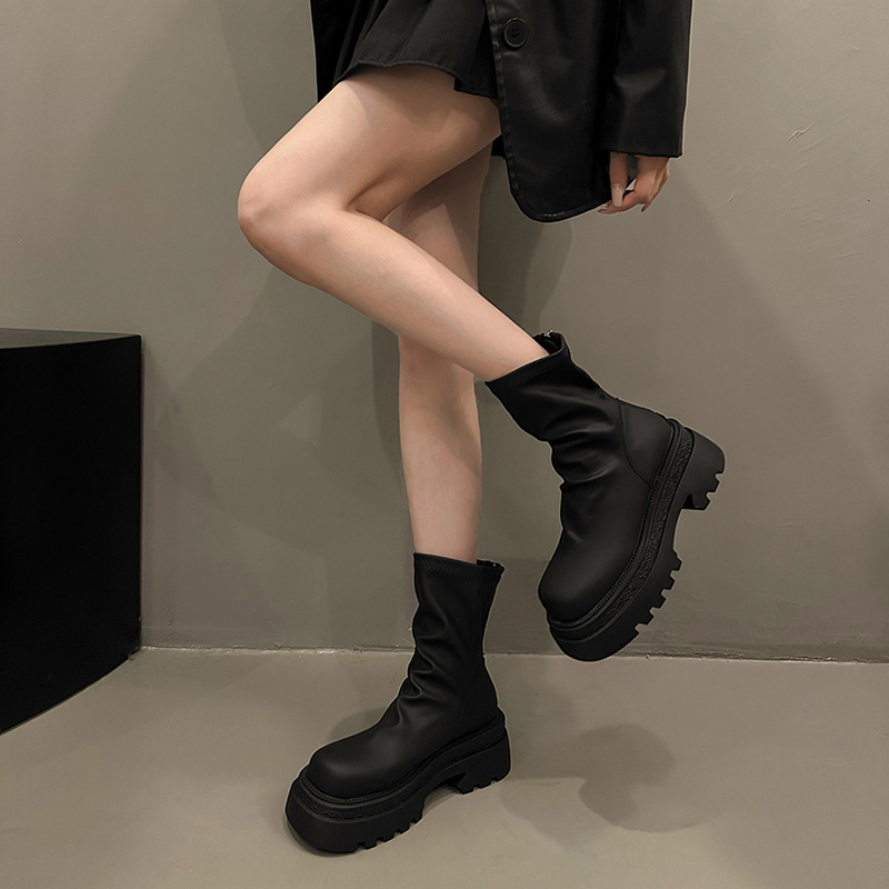 粗跟短靴女2025秋冬新款厚底褶皱堆堆靴时尚小个子显瘦弹力瘦瘦靴|undefined