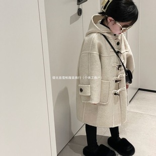 New Autumn and Winter Coats for Boys and Girls, Korean Style Horn Button Hooded Woolen Coats for Children and Middle-Aged Children