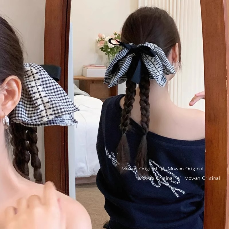 黒と白のチェック柄のリボンスクエアスカーフヘアバンド女性のハイエンドポニーテールヘアアクセサリーボールヘアロープヘッドバンド|undefined