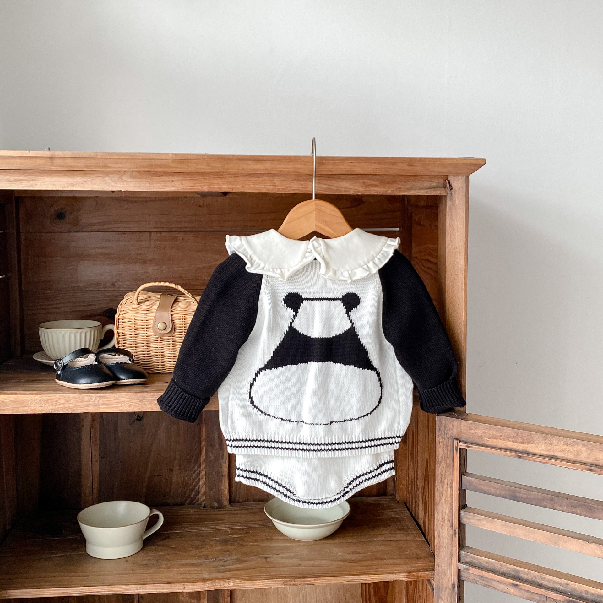 Baba kisgyermek őszi ruhák 2024 férfi és női baba pulóverek panda jacquard kötött hosszú ujjú felső szett_voghion.com