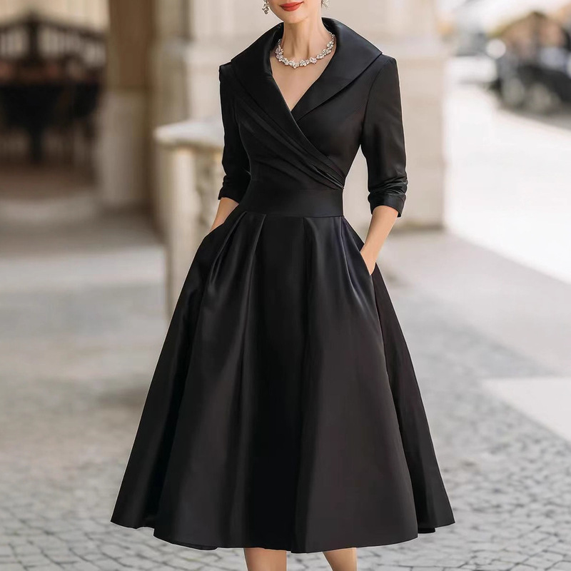 2025 European and American Fashion Amazon Independent Site Elegant Formal Waist Dress Slimming Elegant Long-Sleeved Dress