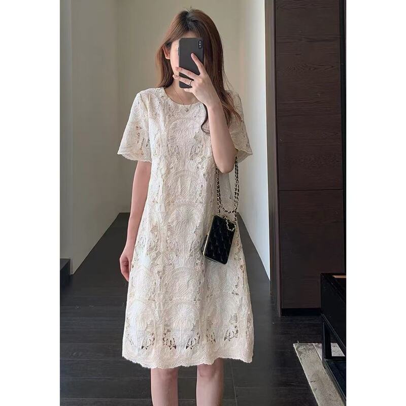 Beautiful Romantic Heavy Industry Flower Embroidery Slimming Temperament Mid-length dress Women's Spring and Summer New P0413L