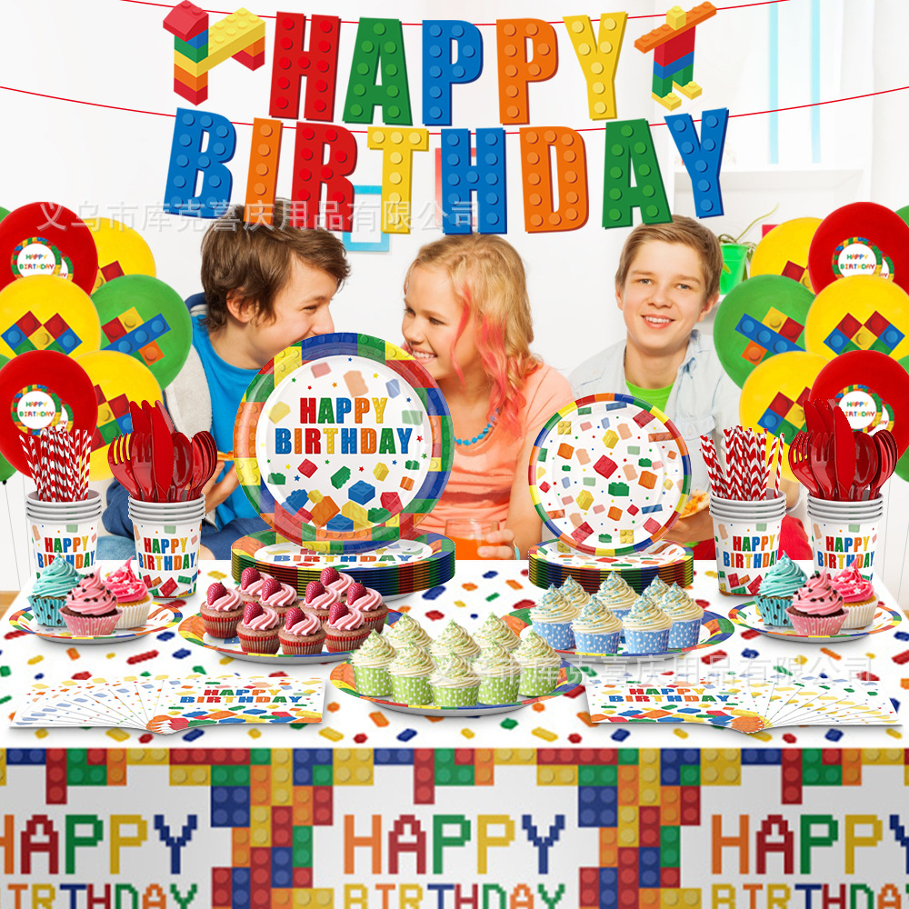 Nueva Lego bloques de construcción tema fiesta de cumpleaños vajilla plato de papel desechable taza de papel tire bandera decoración traje