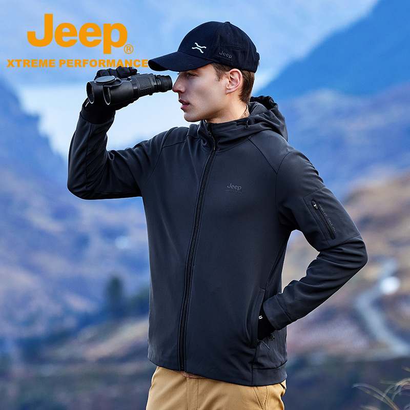 Jeep Jeep hooded soft shell men's outdoor waterproof warm polar fleece jacket antistatic Shepherd jacket