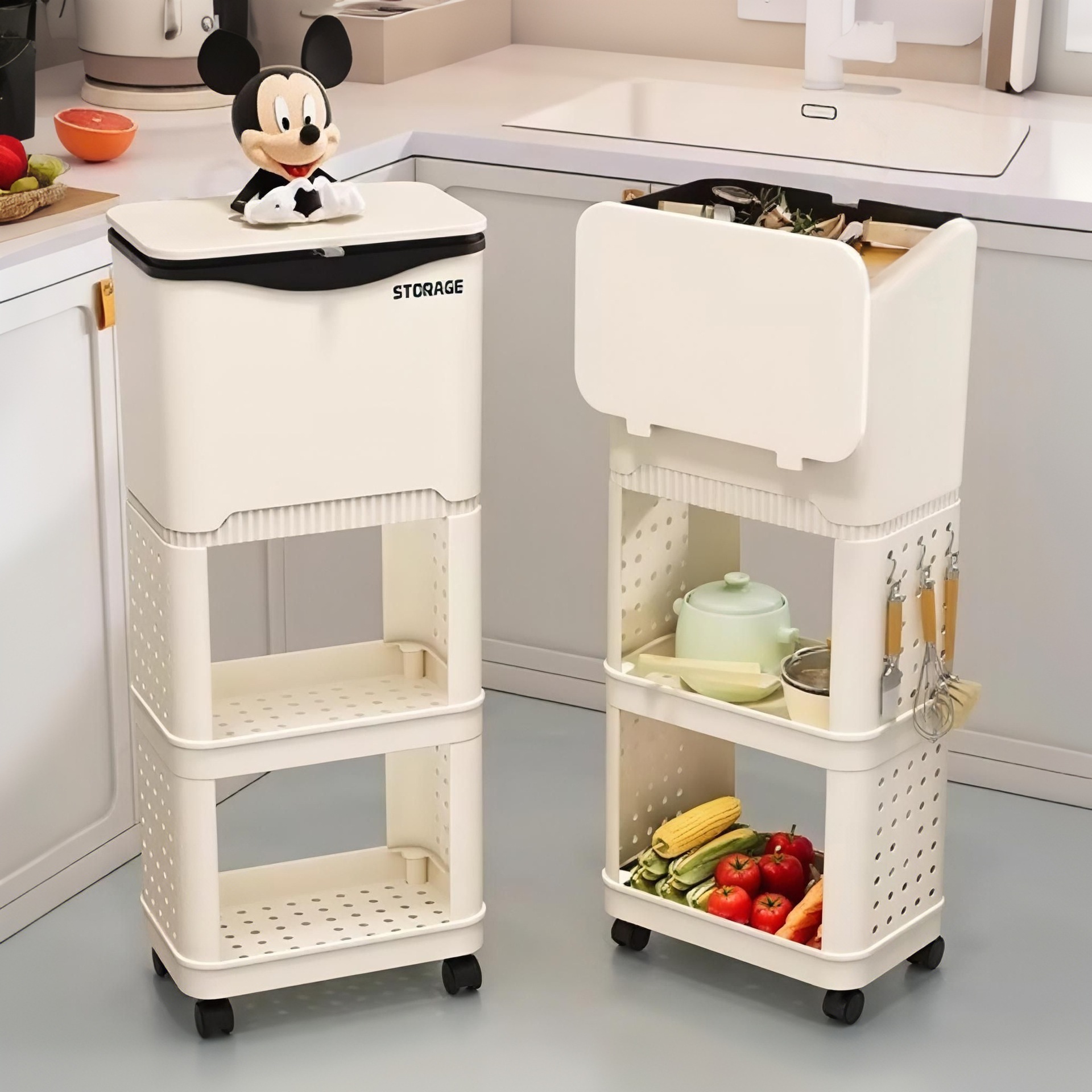 Basura de cubierta deslizante gran capacidad de cocina sin cintura doblada estante de almacenamiento de piso móvil de doble capa estante de almacenamiento de sala de estar cesta