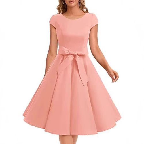 欧美跨境夏复古V领短袖纯色休闲蝴蝶结拉链大摆连衣裙女气质优雅