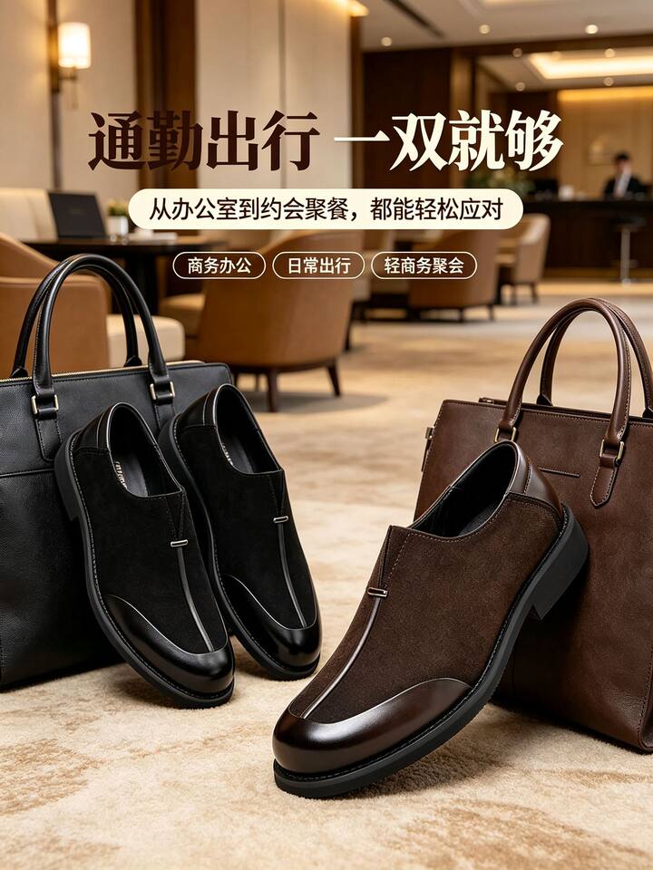 Giày da nam mũi vuông da thật kiểu lười xỏ chân, dễ phối đồ — Màu nâu tây., Thời trang đen chi tiết 4