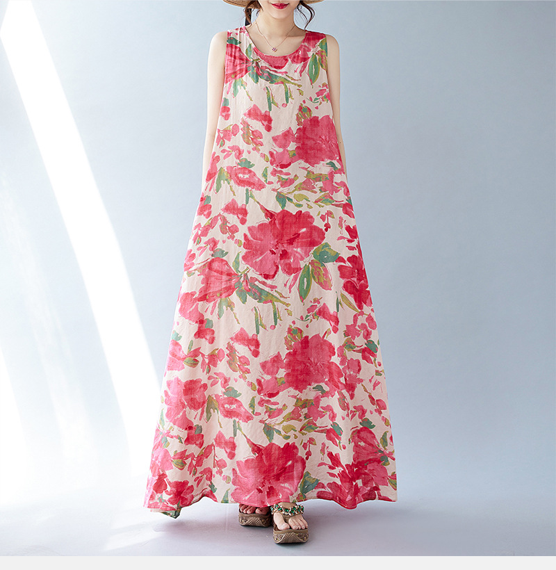 Real Shot Of The 2024 Summer New Bohemian Artistic Loose Sleeveless Round-neck Printed Mid-length Dress For Women_ecoleips.com