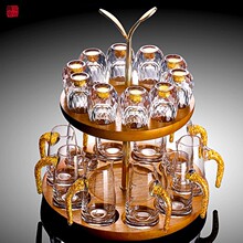 水晶白酒杯一口杯金箔玻璃酒盅分酒器高端酒具圆肚杯酒杯礼盒套装