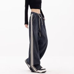 大きいサイズのレトロなストレートのひものジーパンの女性の春秋の太っているmmのゆったりしているストレートの濃い色の水洗いのストライプの広い足のズボン