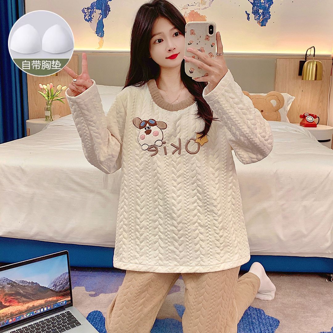 Transfronterizo mayorista invierno chaqueta sándwich chaqueta caliente pijama de ropa de casa de mujer set de ocio con cojín de pecho se puede usar fuera