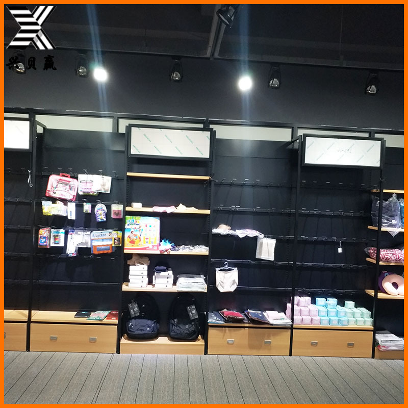 Un lado de acero placa trasera de madera estante de supermercado tienda de conveniencia tienda comercial ropa madre y bebé cajón gancho estante de exhibición de joyas