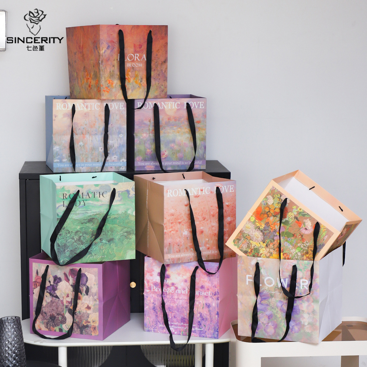 Nuevo estilo de pintura al óleo de siete colores cordier inglés bolsas de mano de flores rojas flores materiales de embalaje de flores portátiles