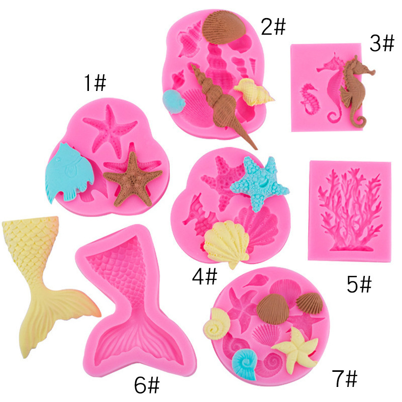 Océano serie sirena cola Shell Starfish Seahorse silicona molde fondant chocolate hornear decoración Accesorios