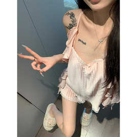 法式纯欲甜美可爱吊带睡衣女夏季2025新款轻柔花边褶皱睡裙家居裙
