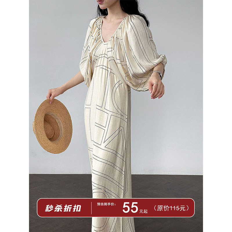 Luxi Korean Style Puff Sleeve Vacation Style V-Neck Backless Strap Long Dress Summer New Puff Sleeve dress 5120