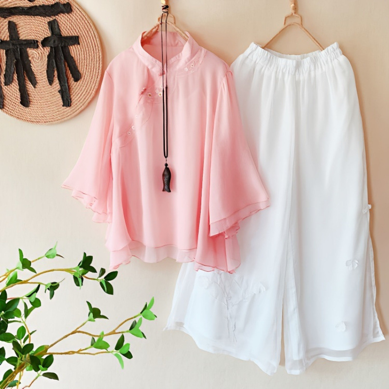 [2398 people] single/two-piece autumn new stand collar slanting embroidered Hanfu chiffon double-layer yarn tea