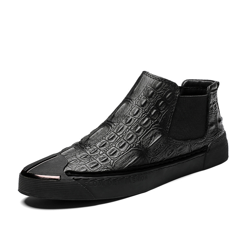 Custom-Made First-Layer Cowhide Sneakers for Men with Elastic Straps, Breathable and Comfortable, Mid-Top, Genuine Leather Lining, Wear-Resistant, Crocodile Pattern, New Trendy Product