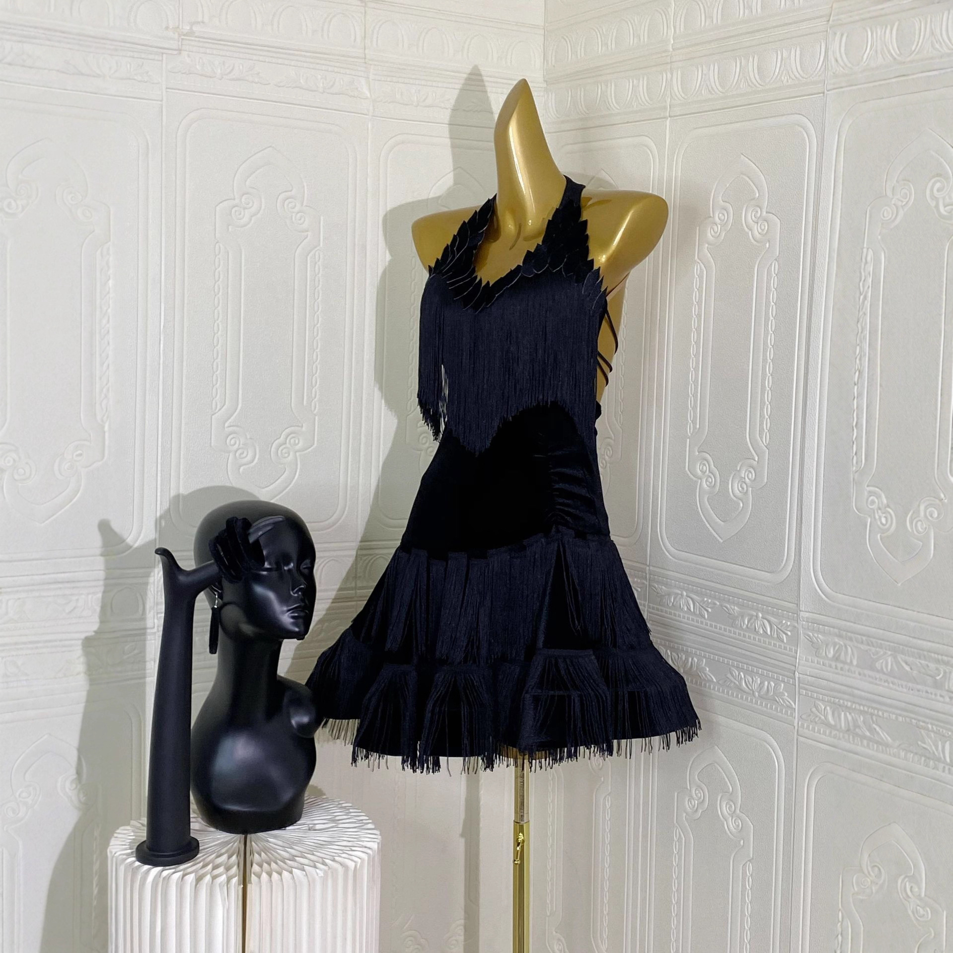 跨境亚马逊新款欧美性感流苏拼接性露背舞裙深V领连衣裙拉丁舞服