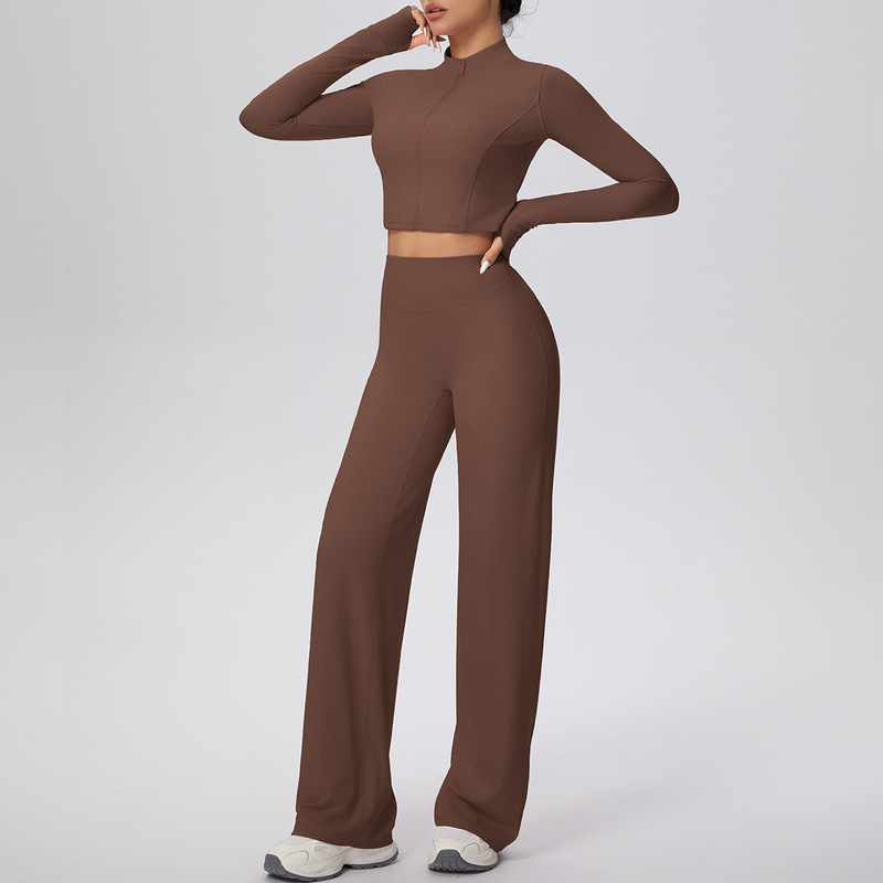 New Cross-Border Solid Color Double-Sided Brushed Zipper Jacket Wide-Leg Yoga Outfit Set for Sports, Running, and Fitness Two-Piece Sy