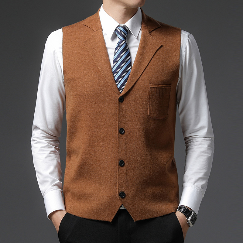 Winter knitted vest men's thick wool waistcoat suit collar sleeveless sweater autumn and winter sweater horse clip dad outfit
