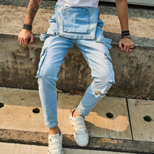 P 84512 Ripped street men's denim overalls �ƶ��߽���ʿţ��