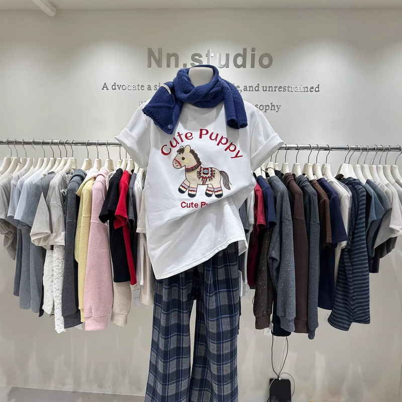 Year of the Horse Themed Short-Sleeve T-Shirt for Women, 2026 Autumn and Winter Thick European-Style Heavy Embroidery Loose Long Half-Sleeve Top
