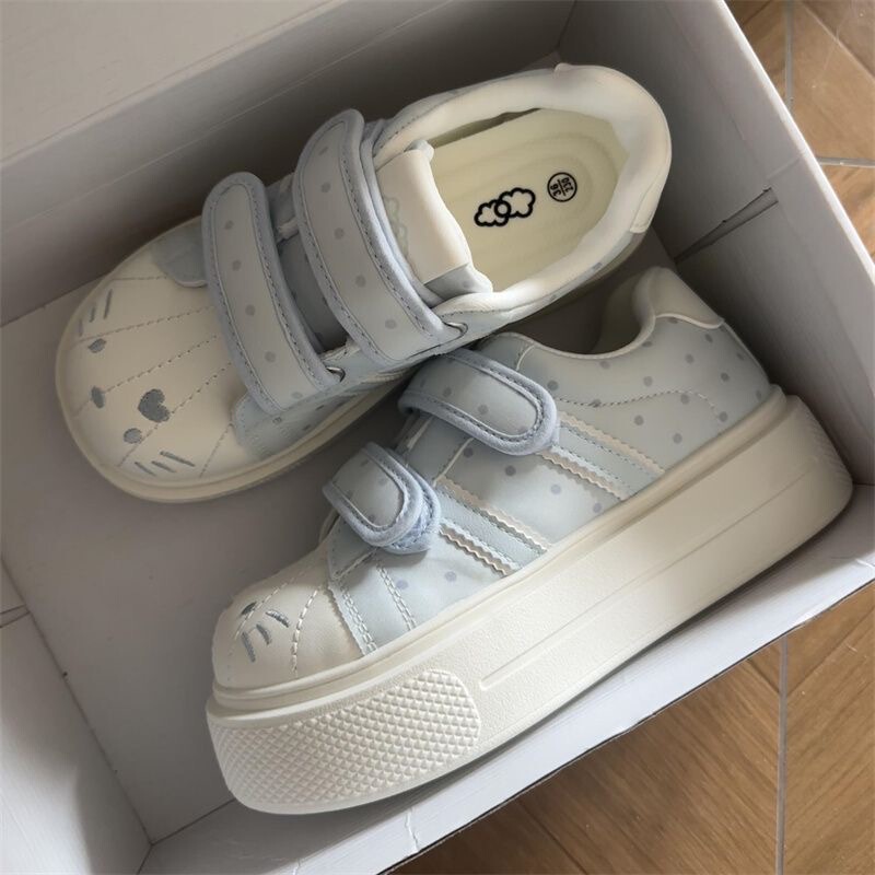 Cute polka dot kitten Velcro thick-soled white shoes 2026 new versatile student white sneakers with thick soles