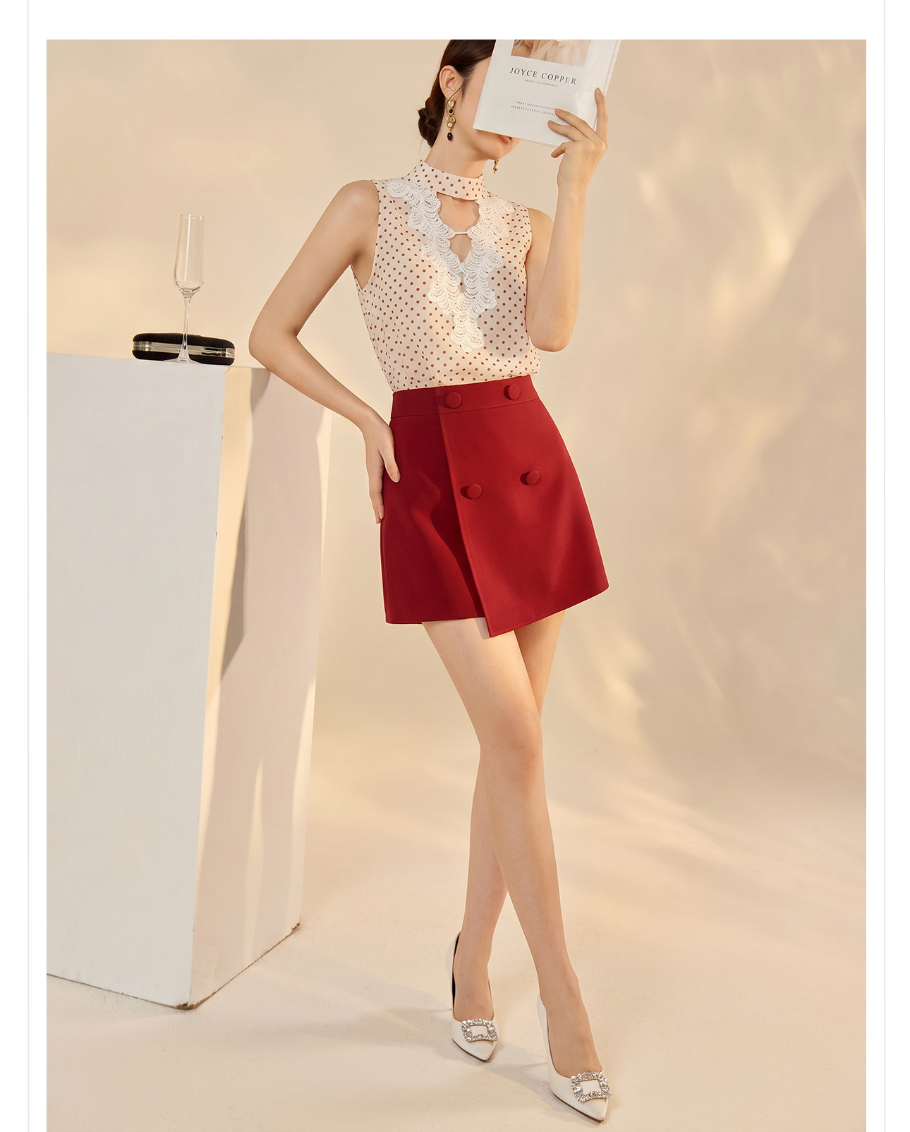 Set vest và chân váy ngắn họa tiết chấm bi phong cách Tân Trung Hoa mùa hè — Trang phục [Vest+Half Dress], nửa váy, Trang phục [Áo vest+quần short], quần đùi chi tiết 8