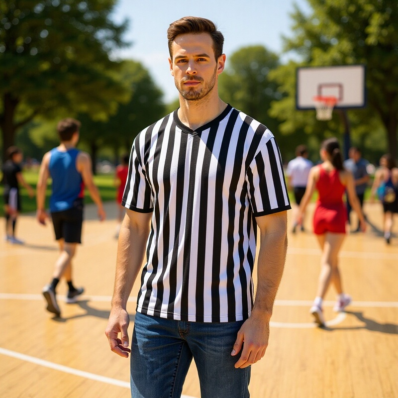Striped V-neck T-shirt Basketball Football Referee Clothing Sweat-wicking Short-sleeved Sportswear Men's T-shirt Sports Equipment Breathable