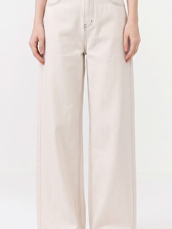 Quần jeans nữ ống rộng lưng cao dáng suông có đường chỉ nổi — Gạo trắng