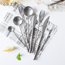 日式ins304不锈钢 复古做旧西餐刀叉勺餐具套装长柄水果叉搅拌勺
