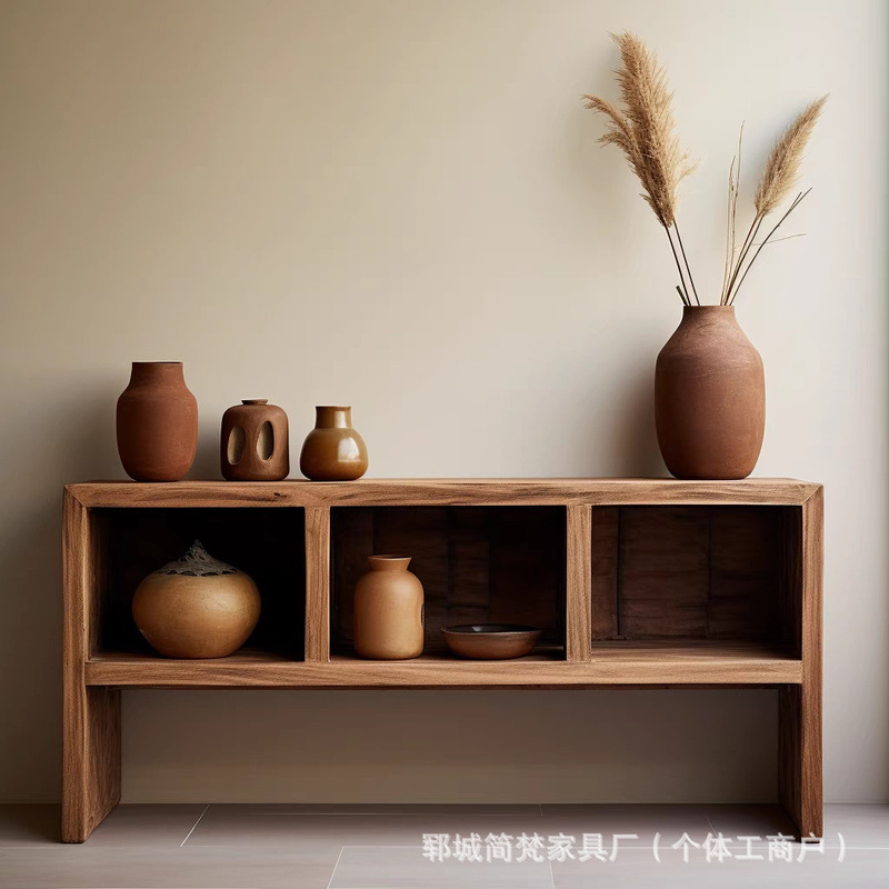 诧寂风博古架实木多层储物柜客厅陶瓷花瓶展示架老榆木茶具餐边柜|undefined