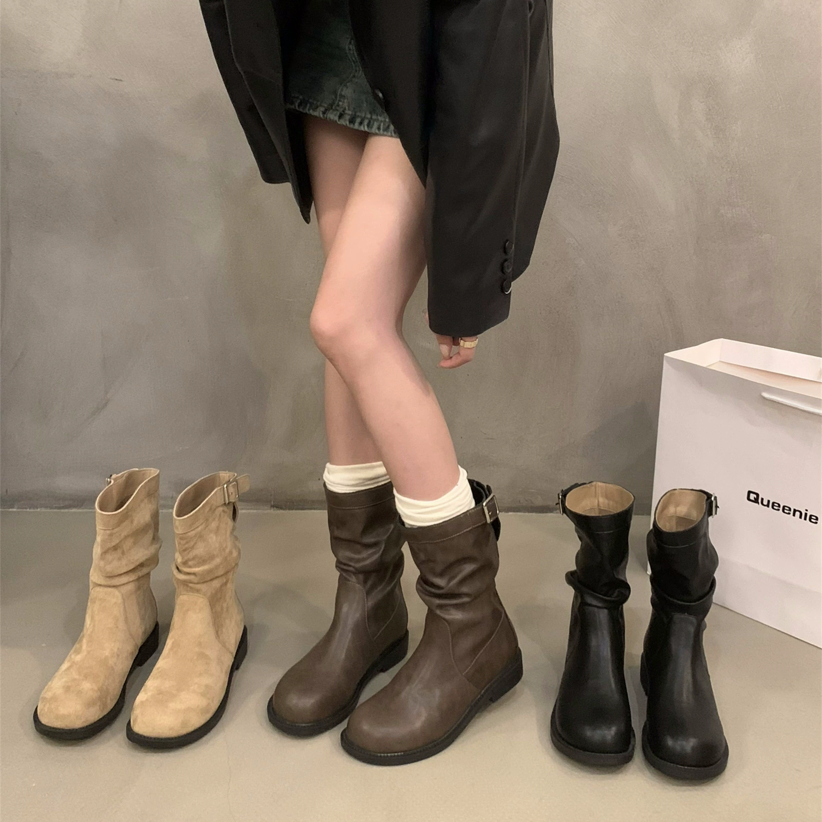 Ботинки (Martens) ретро деми-сезонные, средняя голень, низкий каблук, коричневые/чёрные, 35–40