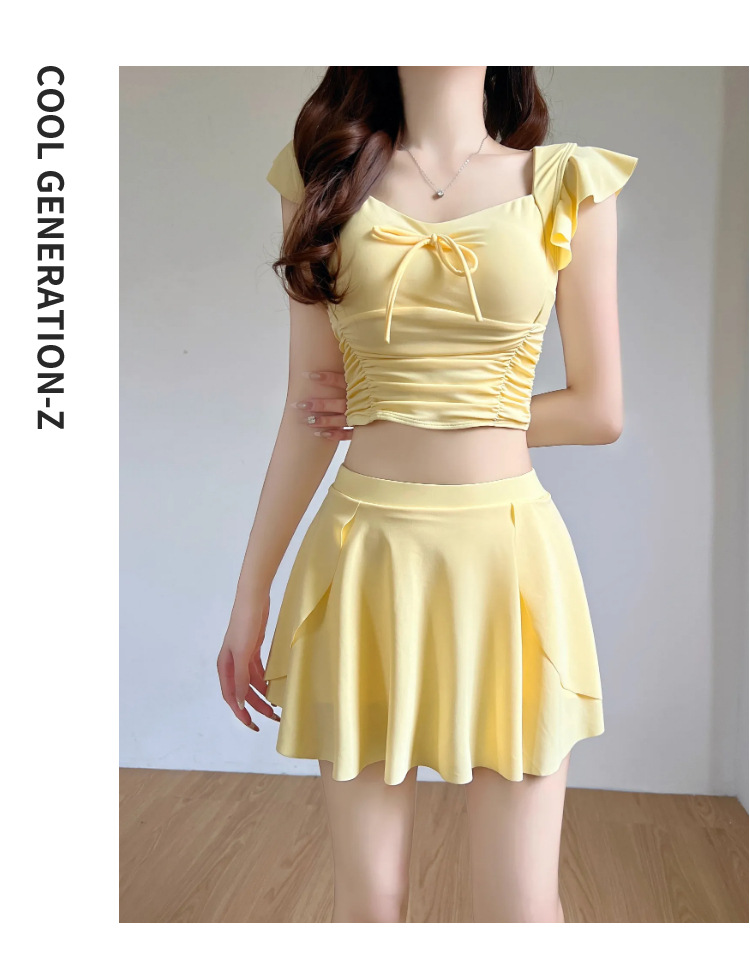 GraceChic 2025 Neuer hochwertiger gelber zweiteiliger Badeanzug im Rockstil für Damen – Bauchkontrolle, figurformend, für kleine Oberweite, konservativ, ideal für den Urlaub_voghion.com