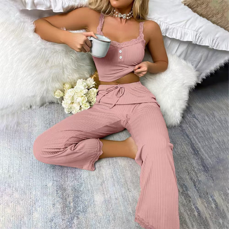 Cross-Border Hot-Selling Casual Pajamas for Women, Summer Lace Suspenders, Trousers, Sexy Hot Girls, European and American Ladies Home Wear Trend