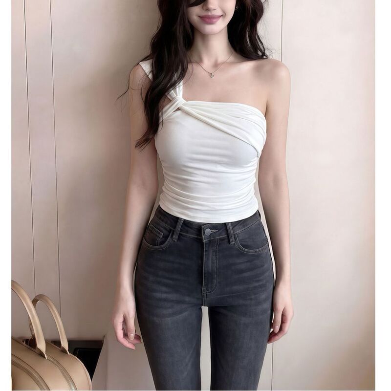 Cross-Border Wholesale Hot Girl Solid Color One-Shoulder Camisole for Women, New Summer Style Slim Fit Sexy Pure Desire Style Top