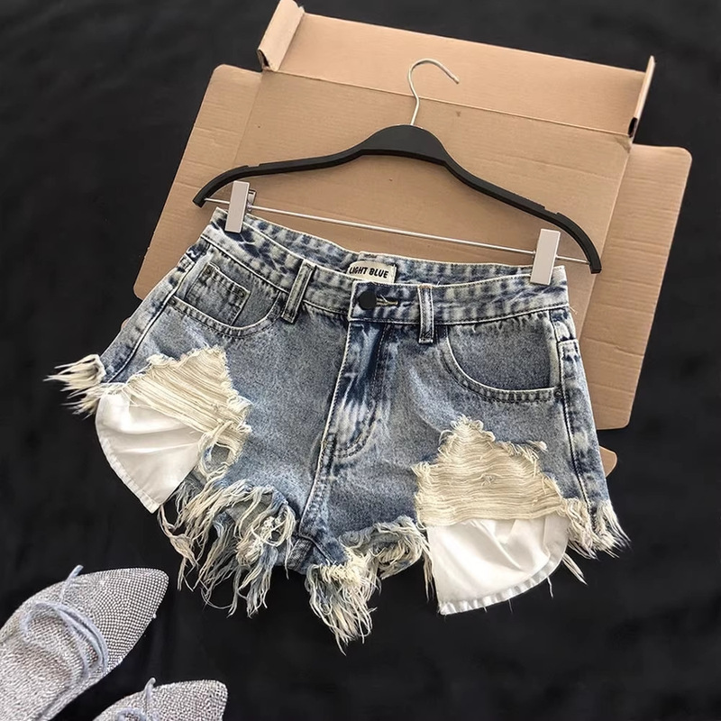 European and American Retro Hot Girl Ripped Denim Shorts for Women, Summer Mid-Waist Slimming A-Line Fringed Ultra-Short Hot Pants European and American Retro Hot Girl Ripped Denim Shorts for Women, Summer Mid-Waist Slimming A-Line Fringed Ultra-Short Hot Pants