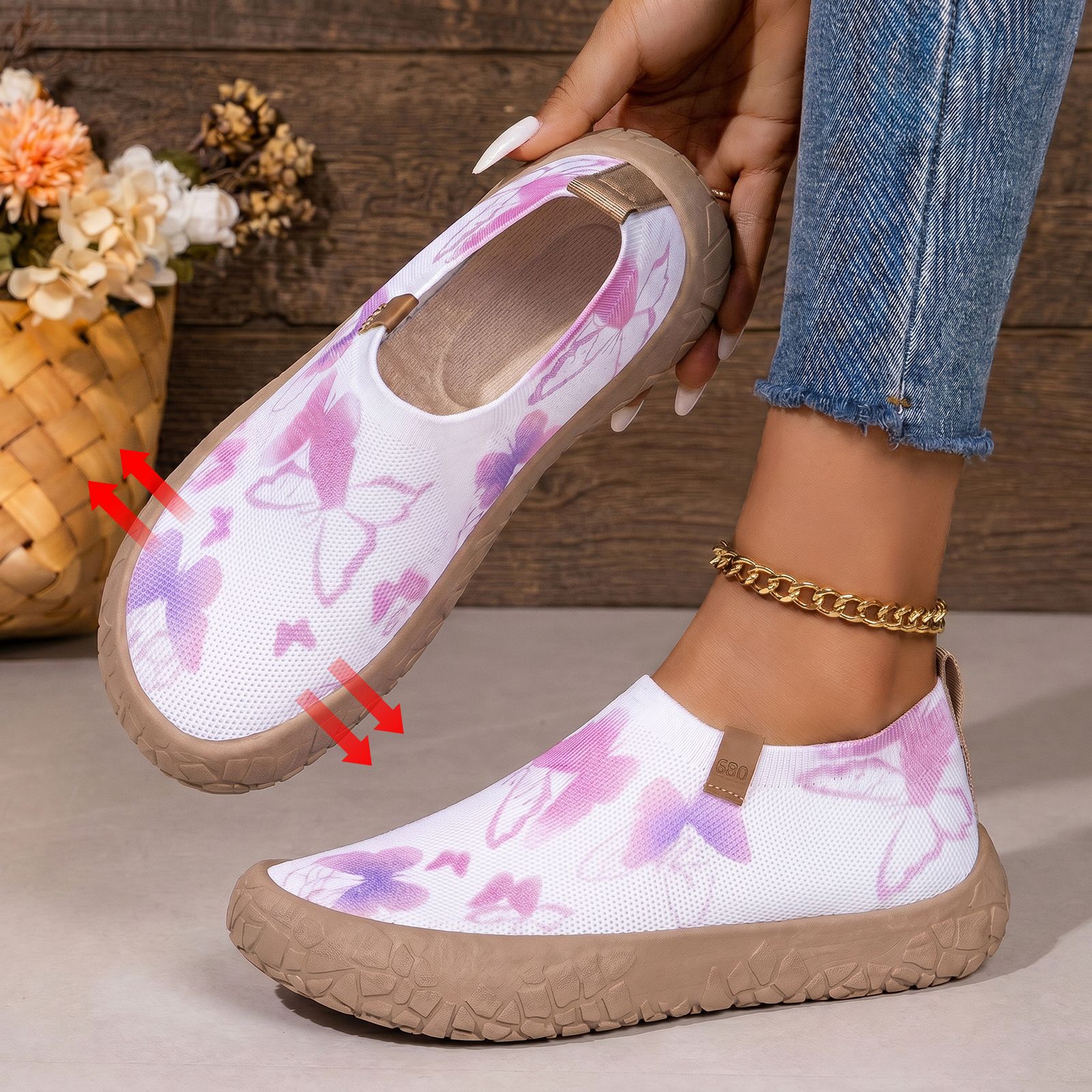 Nuevos zapatos de viaje pintados transfronterizos ligeros, zapatos transpirables, zapatos flexibles, cómodos y anchos zapatos de mujer