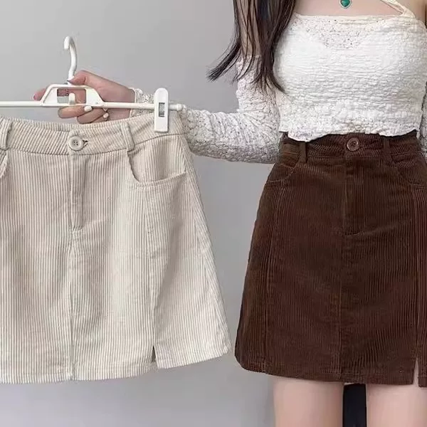 Corduroy Skirt for Women 2025 New Autumn and Winter A-Line High Waist Large Size Slimming Look Hip Coffee Color Short Skirt for Small People